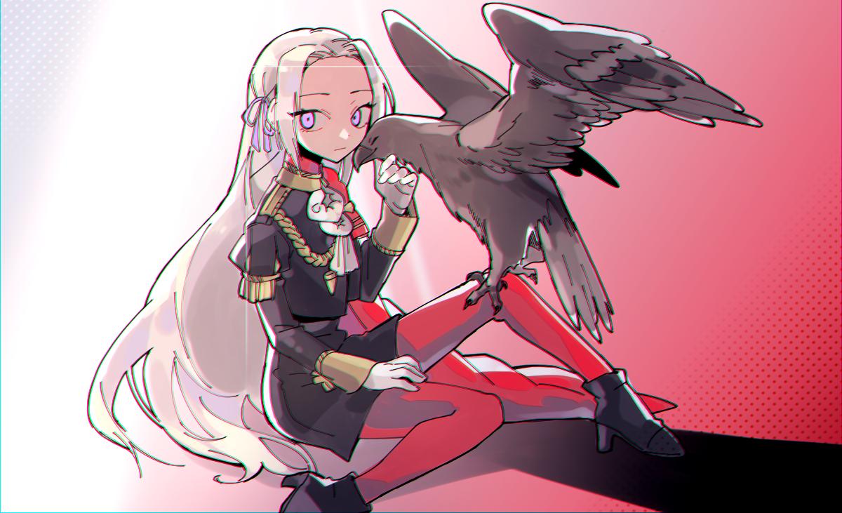 1girl animal bird blonde_hair blue_eyes cape cravat eagle edelgard_von_hresvelgr_(fire_emblem) female fire_emblem fire_emblem:_three_houses fire_emblem:_three_houses fire_emblem_heroes friedbirdchips girl gloves hair_ornament hair_ribbon human intelligent_systems long_hair looking_at_viewer nintendo pantyhose red_cape ribbon simple_background solo super_smash_bros. uniform