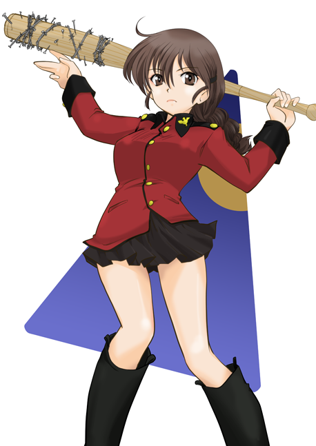 1girl arms_up bangs barbed_wire black_footwear black_skirt boots braid brown_eyes brown_hair closed_mouth commentary_request epaulettes frown girls_und_panzer hair_over_shoulder holding holding_baseball_bat holding_weapon insignia jacket knee_boots long_hair long_sleeves looking_at_viewer military military_uniform miniskirt nail pleated_skirt red_jacket rukuriri rukuriritea single_braid skirt solo st._gloriana's_military_uniform standing uniform weapon white_background