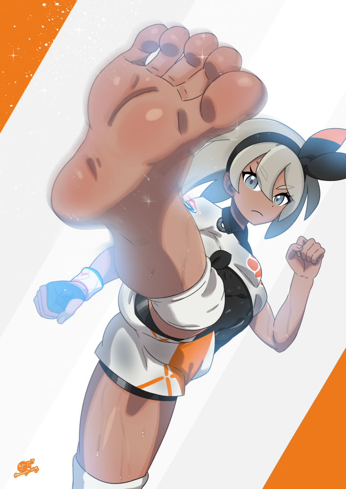 1girl barefoot blue_eyes bodysuit breasts brown_hair clenched_hands covered_navel dark_skin eyebrows_visible_through_hair gloves grey_hair hairband high_kick k.ty_(amejin) kicking looking_at_viewer pokemon pokemon_(game) pokemon_swsh saitou_(pokemon) shorts single_glove solo sweat