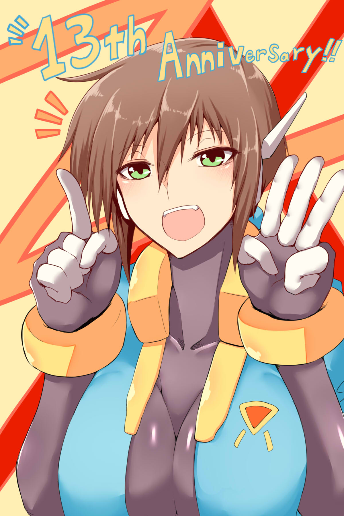 1girl aile alternate_breast_size anniversary bangs bodystocking bracelet breasts brown_hair facing_viewer green_eyes hair_between_eyes hand_gesture highres index_finger_raised jewelry large_breasts looking_at_viewer open_mouth robot_ears rockman rockman_zx solo text_focus tgxx3300