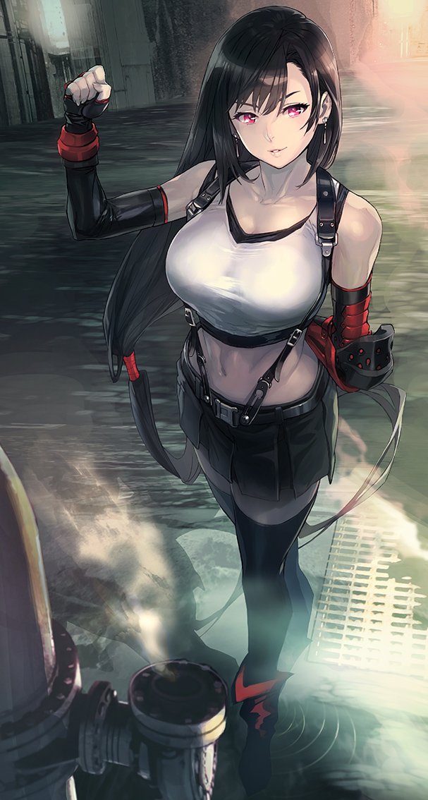 1girl arm_behind_back arm_guards arm_up bangs black_hair black_legwear black_skirt black_thighhighs breasts clenched_hand crop_top earrings elbow_gloves elbow_pads eyebrows_visible_through_hair female final_fantasy final_fantasy_vii final_fantasy_vii_remake fingerless_gloves gloves hand_up jewelry large_breasts long_hair looking_at_viewer low-tied_long_hair maeshima_shigeki midriff miniskirt navel pink_eyes pleated_skirt shirt skirt sleeveless solo standing suspender_skirt suspenders tank_top taut_clothes taut_shirt thigh-highs thighs tifa_lockhart zettai_ryouiki