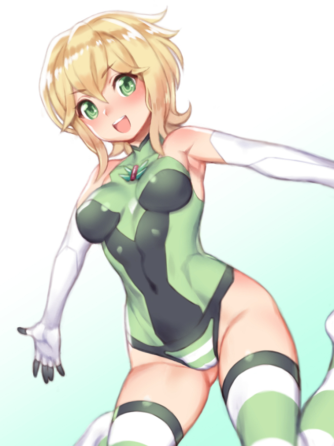 1girl :d akatsuki_kirika ass_visible_through_thighs bare_shoulders blonde_hair blush breasts commentary_request covered_navel elbow_gloves eyebrows_visible_through_hair folks_(nabokof) gloves gradient gradient_background green_eyes green_leotard hair_ornament leotard looking_at_viewer medium_breasts open_mouth senki_zesshou_symphogear shiny shiny_hair shiny_skin short_hair skin_tight smile solo striped striped_legwear teeth thigh-highs white_gloves x_hair_ornament