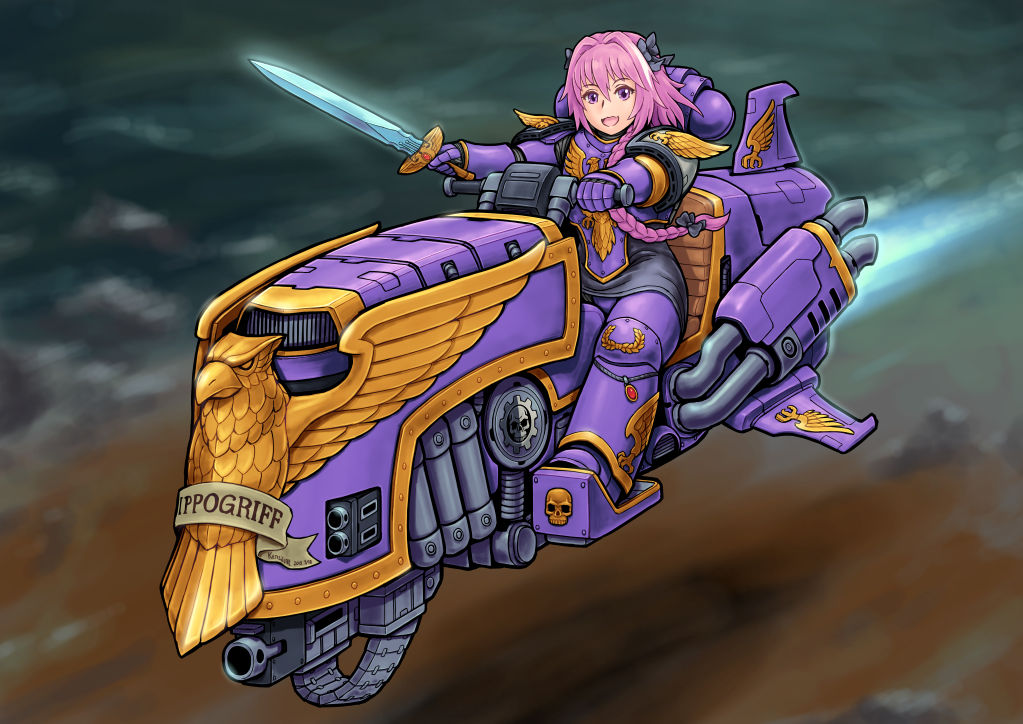astolfo_(fate) braid chaos_space_marine cosplay fate/apocrypha fate/grand_order fate_(series) gauntlets ground_vehicle holding holding_sword holding_weapon kensaint motor_vehicle motorcycle pauldrons pink_hair power_armor power_sword riding single_braid sitting smile space_marine sword violet_eyes warhammer_40k weapon