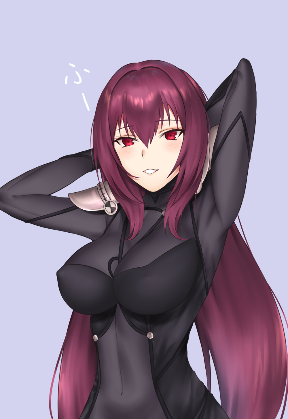 1girl arms_behind_head arms_up blue_background blush bodysuit breasts commentary_request covered_navel covered_nipples crimecrime fate/grand_order fate_(series) hair_intakes highres large_breasts leotard long_hair looking_at_viewer parted_lips pauldrons purple_bodysuit purple_hair purple_leotard red_eyes scathach_(fate)_(all) scathach_(fate/grand_order) shoulder_armor simple_background smile solo