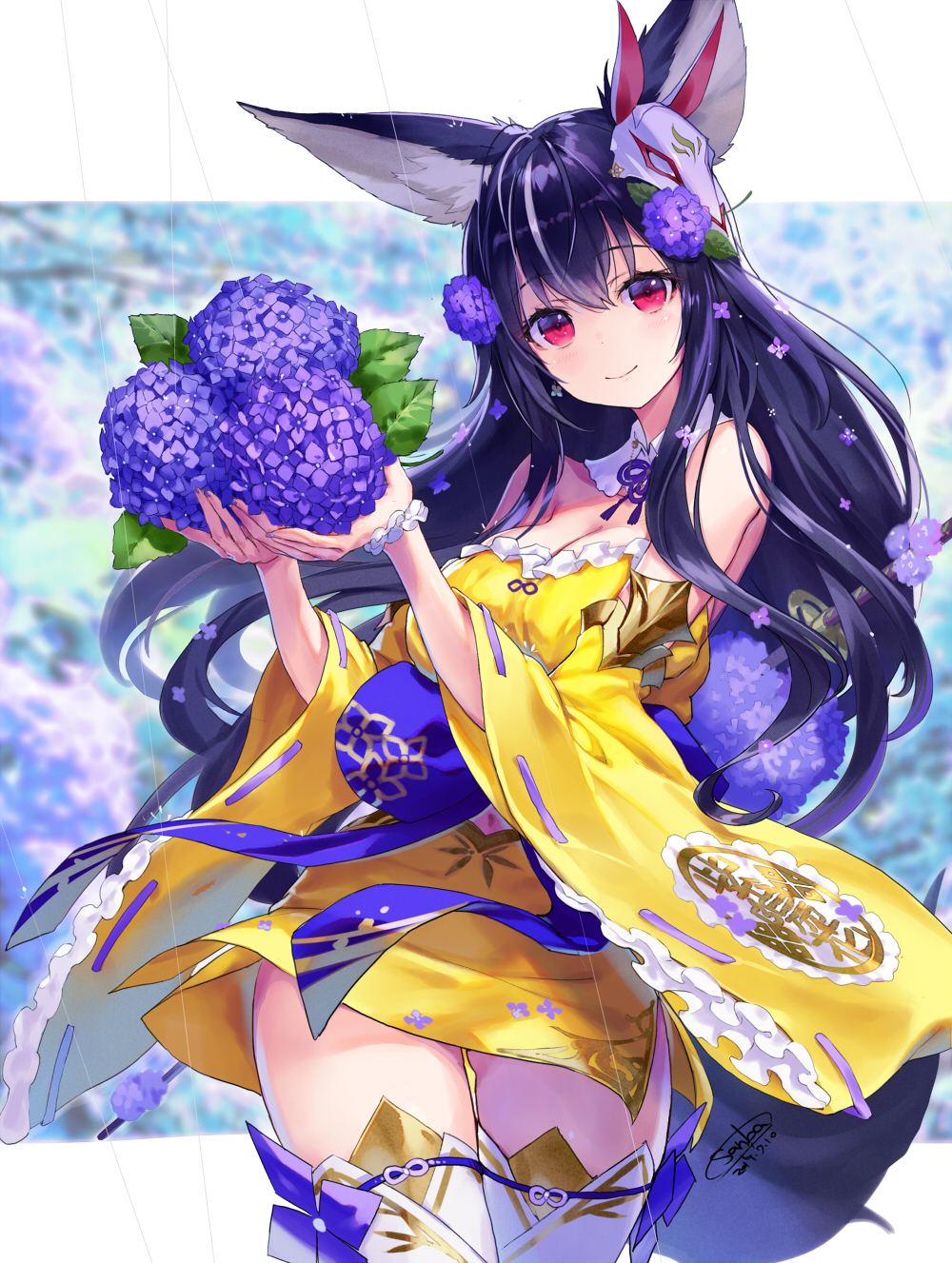 1girl animal_ears bangs bare_shoulders black_hair blurry blurry_background breasts closed_mouth commentary_request cowboy_shot depth_of_field detached_sleeves dress eyebrows_visible_through_hair fingernails flower hair_between_eyes hair_flower hair_ornament highres holding holding_flower hydrangea large_breasts long_hair long_sleeves mask mask_on_head original purple_flower red_eyes ribbon-trimmed_sleeves ribbon_trim sanbasou smile solo strapless strapless_dress thigh-highs thigh_gap very_long_hair white_legwear wide_sleeves yellow_dress yellow_sleeves