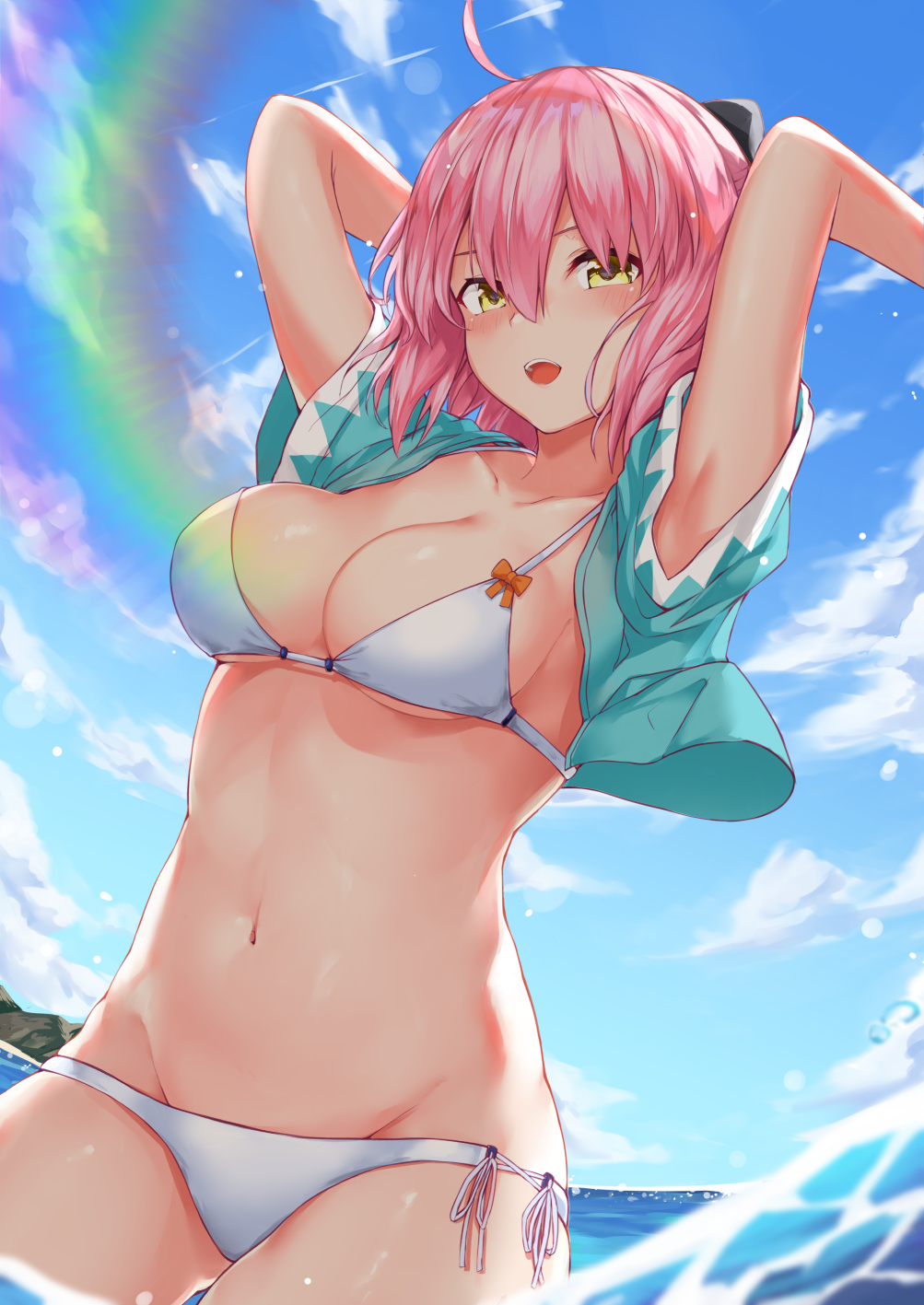 1girl ahoge arms_up bikini blush breasts clouds cloudy_sky fate/grand_order fate_(series) hair_between_eyes highres looking_at_viewer medium_breasts navel ocean okita_souji_(fate) okita_souji_(fate)_(all) open_mouth outdoors pink_hair shiunnkaku short_hair side-tie_bikini sky smile solo swimsuit white_bikini yellow_eyes