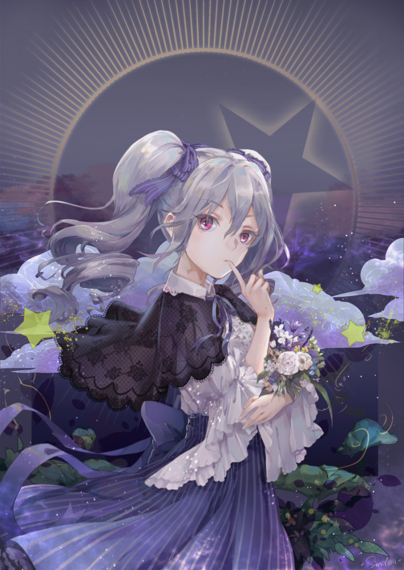 1girl artist_request clouds dark_background drill_hair eyebrows_visible_through_hair finger_to_mouth flower frilled_sleeves frills hair_ribbon hands_on_own_face idolmaster idolmaster_cinderella_girls idolmaster_cinderella_girls_starlight_stage kanzaki_ranko lolita_fashion long_skirt looking_at_viewer purple_ribbon red_eyes ribbon see-through shirt signature sindomizuki skirt star striped striped_skirt sun_(symbol) twintails violet_eyes