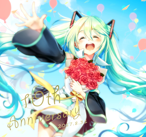 1girl 2017 :d ^_^ anniversary balloon black_skirt blue_hair blue_sky blurry blush bouquet closed_eyes clouds cloudy_sky confetti cowboy_shot dated day depth_of_field detached_sleeves dutch_angle eyebrows_visible_through_hair floating_hair flower hair_between_eyes happy hatsune_miku holding holding_bouquet holding_flower long_hair maronie. open_mouth outdoors outstretched_arm pleated_skirt red_flower red_rose ribbon rose round_teeth shirt skirt sky sleeveless sleeveless_shirt smile solo teeth thigh-highs twintails upper_teeth very_long_hair vocaloid white_shirt yellow_ribbon zettai_ryouiki