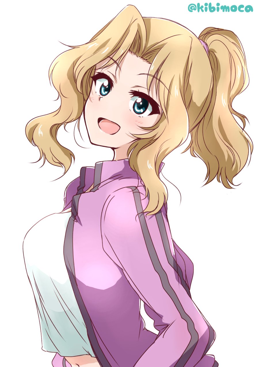 1girl alternate_hairstyle blonde_hair blue_eyes casual commentary eyebrows_visible_through_hair from_side girls_und_panzer hair_intakes hair_tie hair_up head_tilt highres jacket kay_(girls_und_panzer) kibimoka long_hair looking_at_viewer medium_hair open_clothes open_jacket open_mouth pink_jacket ponytail shirt simple_background smile solo track_jacket twitter_username white_background white_shirt