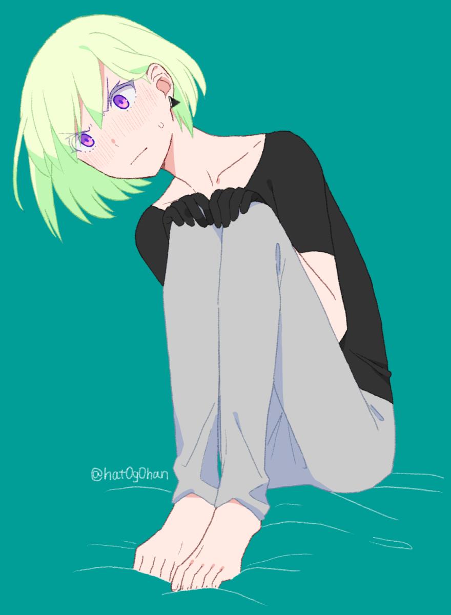 1boy bangs barefoot blush bob_cut earrings green_hair hands_on_own_knees hat0g0han highres jewelry legs_together lio_fotia male_focus pants promare shirt short_hair signature simple_background sitting solo violet_eyes