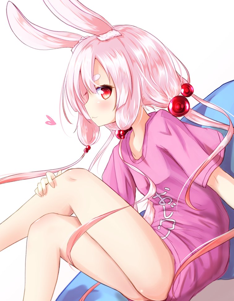 1girl animal_ear_fluff animal_ears baram bean_bag_chair clothes_writing crossed_legs from_side hair_bobbles hair_ornament hand_on_own_leg legs long_hair low_twintails no_panties no_pants outstretched_arm pink_hair pink_shirt rabbit_ears red_eyes shirt short_sleeves simple_background sitting smile solo t-shirt tomari_mari tomari_mari_channel twintails white_background