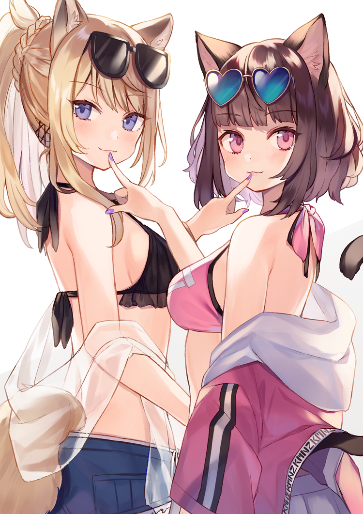 2girls :3 animal_ears bare_arms bare_shoulders bikini_top black-framed_eyewear black_bikini_top blonde_hair blue_eyes braid breasts brown_hair cat_ears cat_tail closed_mouth commentary_request cutoffs denim denim_shorts eyewear_on_head fox_ears fox_tail from_side hair_ornament halter_top halterneck heart heart-shaped_eyewear jacket kmnz long_hair looking_at_viewer looking_to_the_side mc_lita mc_liz medium_breasts multiple_girls nail_polish off_shoulder open_clothes open_jacket pink_bikini_top pink_eyes pink_jacket ponytail purple_nails shawl short_hair short_shorts shorts shugao simple_background smile sunglasses tail upper_body virtual_youtuber white_background x_hair_ornament
