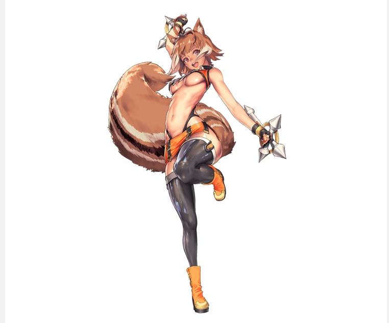 1girl animal_ears arm_up artist_request black_gloves black_legwear blazblue breasts brown_hair destiny_child fingerless_gloves gloves leg_up makoto_nanaya multicolored_hair orange_footwear orange_shorts orange_vest screencap shorts squirrel_ears squirrel_girl squirrel_tail tail tonfa two-tone_hair under_boob weapon