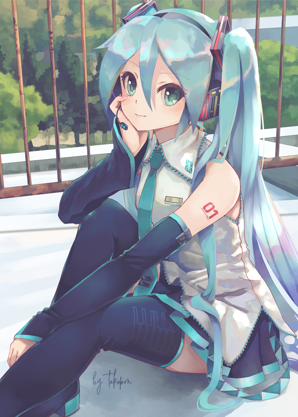 1girl aqua_eyes aqua_hair aqua_neckwear bare_shoulders belt black_legwear black_skirt blush cheek_rest commentary day detached_sleeves feet_out_of_frame gate hair_ornament hand_on_own_cheek hatsune_miku head_rest headphones headset highres iron_bars knee_up long_hair looking_at_viewer microphone necktie outdoors rust shirt shoulder_tattoo sitting skirt sleeveless sleeveless_shirt smile solo takepon1123 tattoo thigh-highs twintails very_long_hair vocaloid zettai_ryouiki