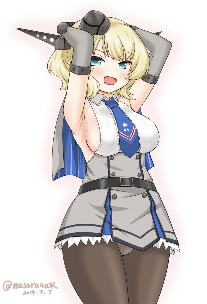 1girl armpits black_gloves black_legwear blonde_hair blue_neckwear breasts capelet colorado_(kantai_collection) dated dress elbow_gloves garrison_cap gloves green_eyes grey_dress grey_headwear hat headgear kantai_collection large_breasts looking_at_viewer masara_(masalucky2010) necktie open_mouth panties panties_under_pantyhose pantyhose pleated_dress shirt short_hair side_braids sideboob simple_background sleeveless smile solo twitter_username underwear white_background white_shirt