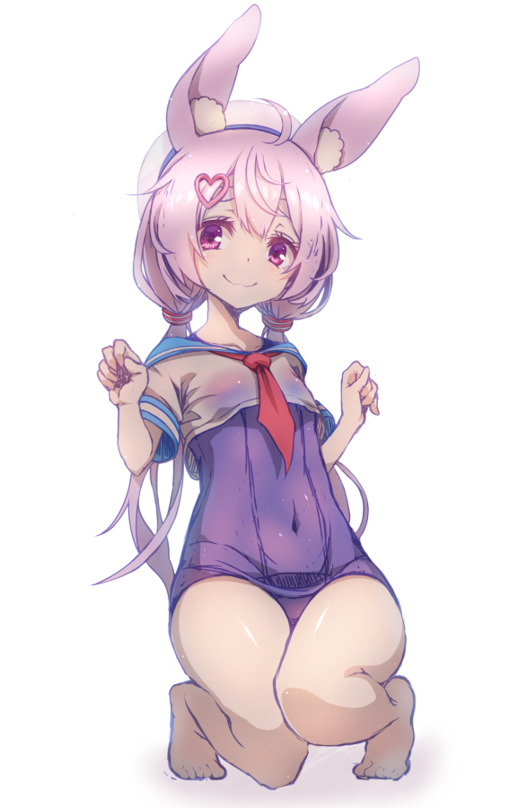 1girl ahoge animal_ear_fluff animal_ears arms_up barefoot covered_navel crop_top hair_ornament hairclip hat kneeling long_hair low_twintails mosu_(korikan) no_pants one-piece_swimsuit paw_pose pink_eyes pink_hair rabbit_ears school_swimsuit school_uniform serafuku shirt simple_background smile solo swimsuit swimsuit_under_clothes thighs toes tomari_mari tomari_mari_channel twintails virtual_youtuber wet wet_clothes wet_shirt white_background white_headwear white_shirt