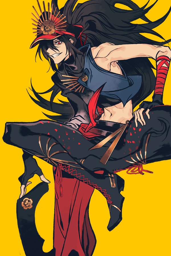 1boy asymmetrical_clothes black_footwear black_gloves black_hair black_pants boots clenched_teeth crop_top fate/grand_order fate_(series) fingerless_gloves gloves grin hair_over_one_eye indian_style long_hair male_focus oda_kippoushi_(fate) pants ponytail simple_background single_sleeve sitting smile solo teeth tobi0728 very_long_hair yellow_background