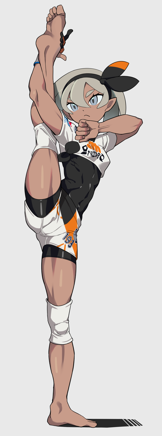 1girl abs barefoot black_gloves bodysuit covered_navel dark_skin gloves grey_eyes grey_hair hairband highres jii_(user_ihp6405) muscle pokemon ribbon saitou_(pokemon) shirt short_hair short_sleeves shorts solo split standing standing_on_one_leg standing_split tan white_shirt wristband