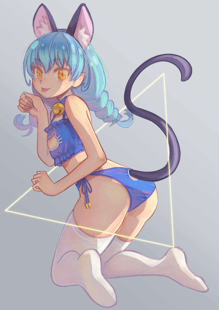 1girl :p animal_ears bell blue_bra blue_hair blue_nails blue_panties bra braid cat_cutout cat_ears cat_lingerie cat_tail extra_ears fingernails full_body grey_background jingle_bell jj_(ssspulse) kneeling long_hair looking_at_viewer meme_attire panties paw_pose precure side-tie_panties simple_background solo star_twinkle_precure tail thigh-highs tongue tongue_out twin_braids underwear white_legwear yellow_eyes yuni_(precure)