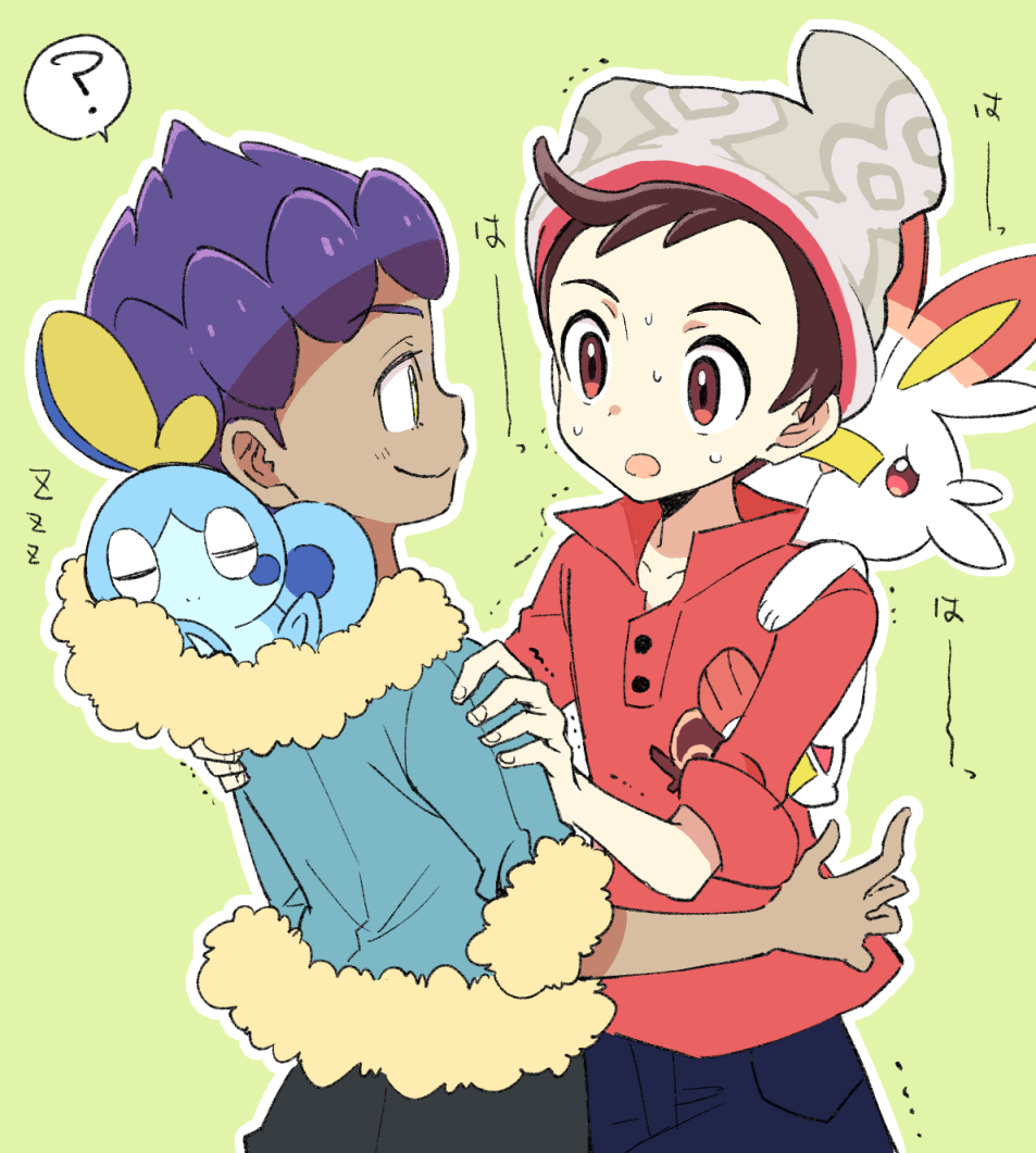 2boys ? beanie black_pants blue_jacket blue_pants cable_knit carrying closed_mouth dark_skin dark_skinned_male fur_trim gen_8_pokemon green_background hands_on_another's_shoulders hat hop_(pokemon) jacket looking_at_another male_focus male_protagonist_(pokemon_swsh) mikanbako_(aitatadon3) multiple_boys open_mouth outline pants piggyback pokemon pokemon_(creature) pokemon_(game) pokemon_swsh purple_hair red_eyes red_shirt scorbunny shirt simple_background sleeping sobble spoken_question_mark trembling white_outline yellow_eyes