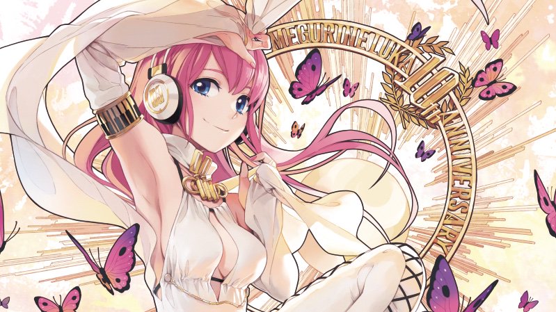 1girl anniversary arm_up armpits blue_eyes boots breasts bug butterfly character_name commentary_request dress fingernails floating_hair headphones insect large_breasts lena_(zoal) long_hair looking_at_viewer megurine_luka pink_hair pink_nails purple_butterfly smile thigh-highs thigh_boots upper_body vocaloid white_dress