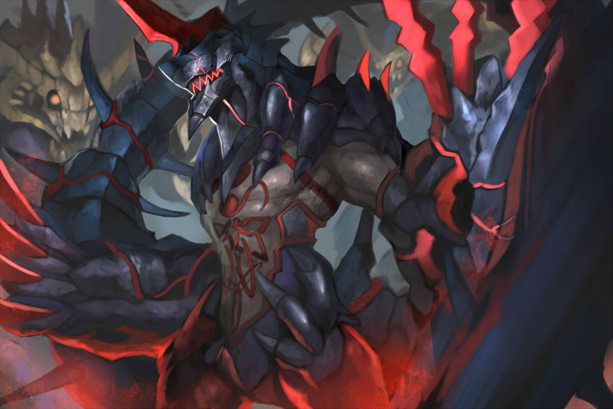 1boy armor bare_chest black_armor chest_tattoo claws cowboy_shot cu_chulainn_alter_(fate/grand_order) curruid_coinchenn fate/grand_order fate_(series) helmet horn lancer male_focus monster_boy muscle shousuke_(skirge) solo spikes tail tattoo