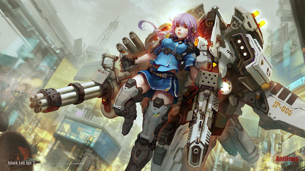 1girl antilous artist_name belt black_gloves blue_shirt blue_skirt building cannon controller gloves grey_legwear grey_sky gun hair_ornament harness joystick looking_at_viewer machine_gun mecha outdoors pink_hair red_eyes science_fiction shirt skirt smoke solo watermark weapon