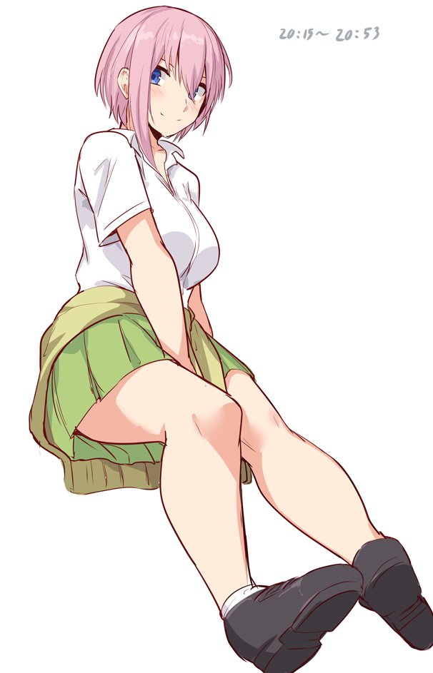 1girl black_footwear blue_eyes blush breasts commentary_request fate/grand_order fate_(series) green_skirt large_breasts mash_kyrielight pink_hair shirt shiseki_hirame shoes short_hair simple_background skirt smile solo sweater timestamp white_background white_shirt