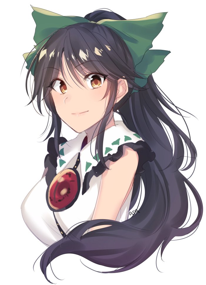 1girl adapted_costume alternate_hairstyle asa_(coco) bangs bare_shoulders blush breasts brown_eyes commentary_request cropped_torso eyebrows_visible_through_hair frilled_shirt_collar frills green_hair hair_between_eyes large_breasts long_hair looking_at_viewer ponytail reiuji_utsuho shirt sidelocks signature simple_background sleeveless sleeveless_shirt smile solo touhou upper_body white_background white_shirt