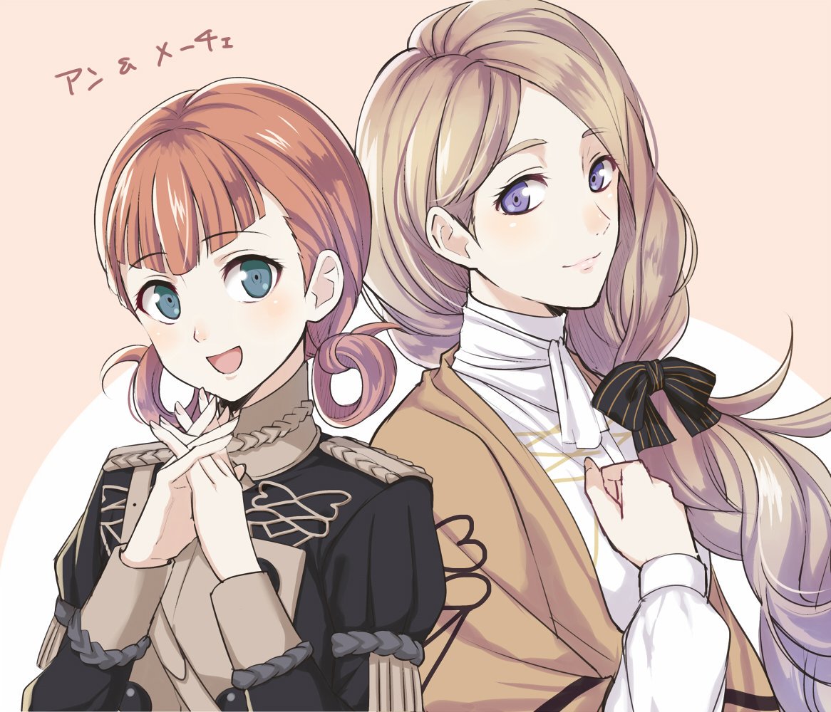 2girls annette_fantine_dominique blonde_hair blue_eyes brown_eyes closed_mouth fire_emblem fire_emblem:_three_houses fire_emblem:_three_houses hair_ornament intelligent_systems long_hair looking_at_viewer low_ponytail mercedes_von_marltritz multiple_girls nintendo open_mouth orange_hair shinkanoshin simple_background smile twintails upper_body
