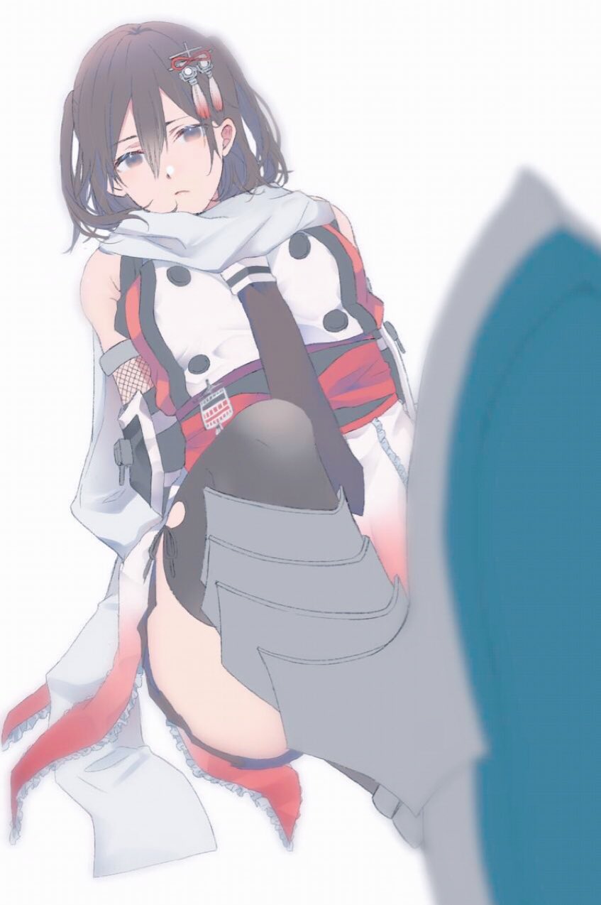 1girl black_gloves black_legwear black_neckwear black_skirt blurry brown_eyes brown_hair depth_of_field double-breasted elbow_gloves gloves hair_between_eyes hair_ornament highres kantai_collection looking_at_viewer neckerchief pov remodel_(kantai_collection) rinto_(rint_rnt) scarf sendai_(kantai_collection) short_hair simple_background single_thighhigh skirt solo thigh-highs two_side_up white_background white_scarf