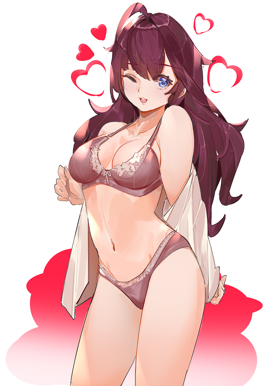 1girl :3 ;d ahoge blue_eyes bra breasts commentary_request contrapposto cowboy_shot eyebrows_visible_through_hair heart heart-shaped_pupils highres ichinose_shiki idolmaster idolmaster_cinderella_girls large_breasts long_hair majocc_(dusty051) navel off_shoulder one_eye_closed open_clothes open_mouth open_shirt panties purple_hair simple_background smile solo symbol-shaped_pupils underwear underwear_only undressing