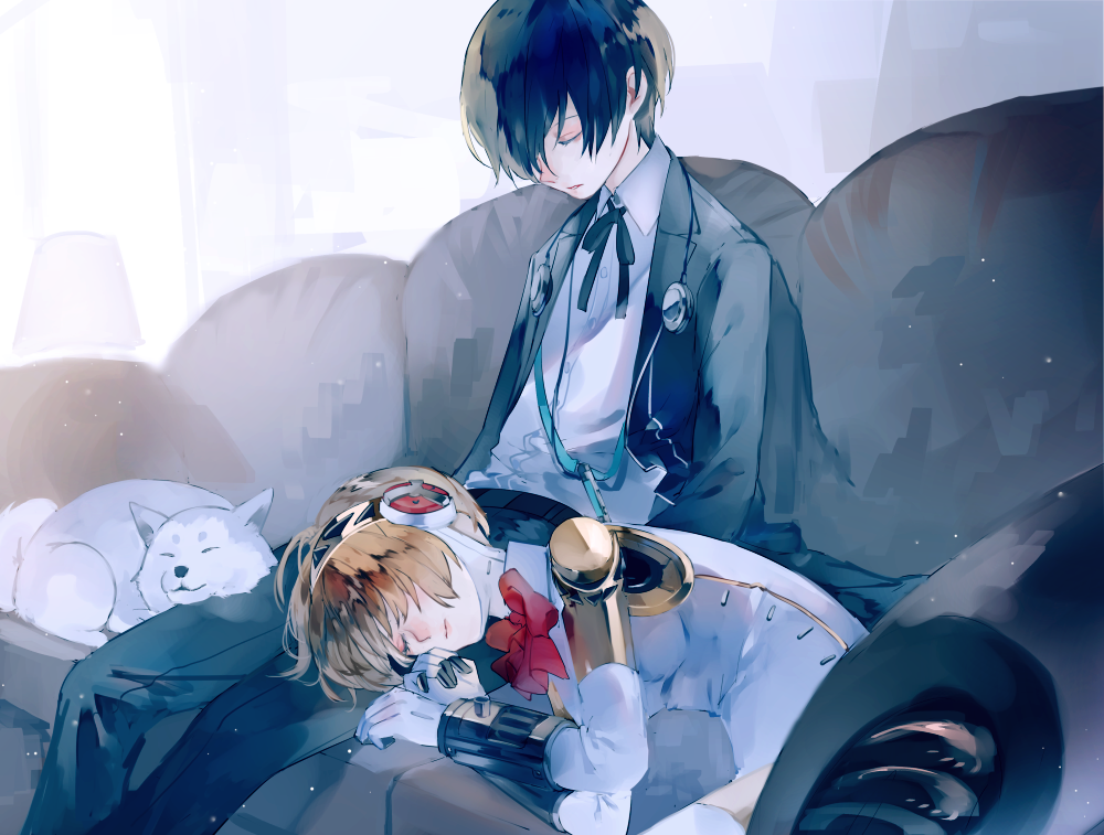 1boy 1girl aegis_(persona) android animal atlus black_jacket black_ribbon blonde_hair blue_hair bow closed_eyes collared_shirt couch digital_media_player dog gekkoukan_high_school_uniform hair_over_one_eye headphones human indoors jacket koromaru lap_pillow megami_tensei persona persona_3 red_bow ribbon robot_joints school_uniform shiba_inu shirt short_hair sitting sleeping sleeping_upright syokuuuuuuuuumura white_shirt wing_collar yuuki_makoto