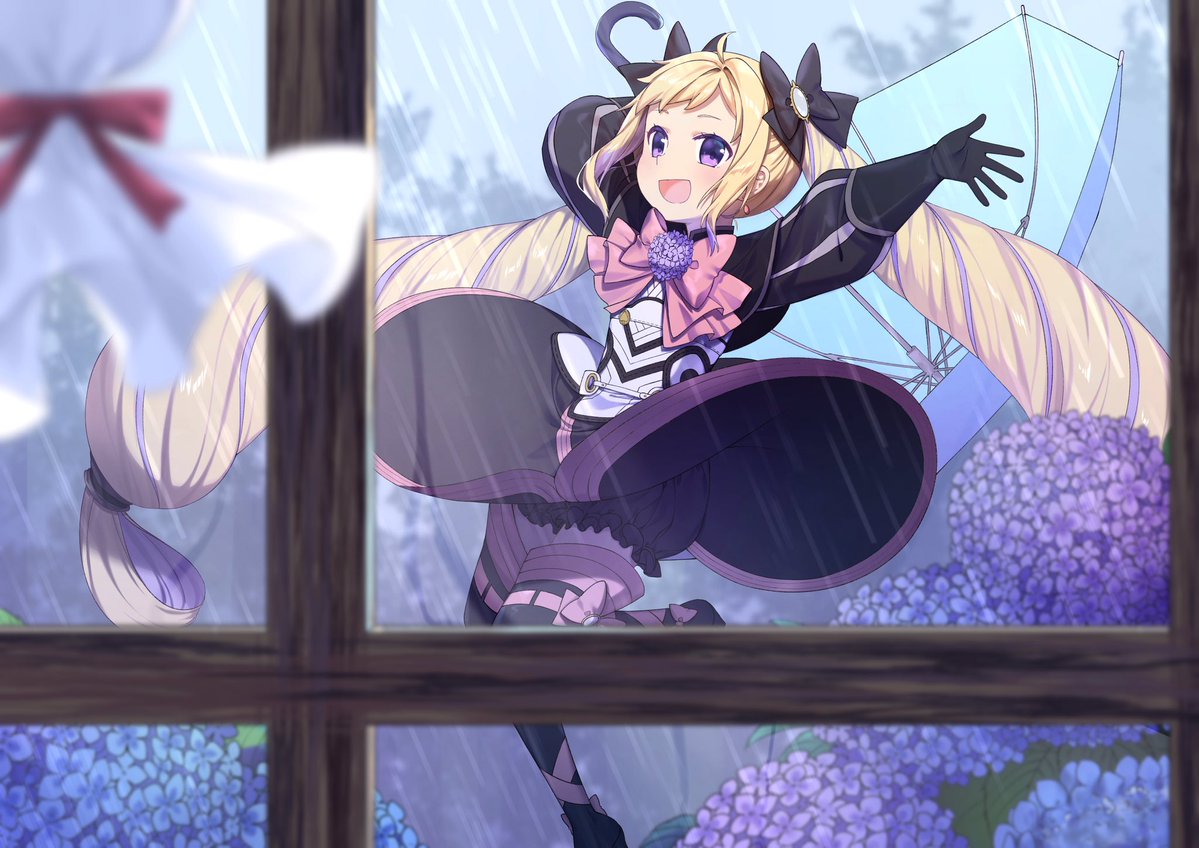 1girl :d arms_up black_bloomers black_bow black_dress black_footwear black_gloves black_legwear blonde_hair bloomers blue_flower blue_umbrella blurry blurry_foreground blush boots bow commentary_request cute day depth_of_field dress elise_(fire_emblem) fire_emblem fire_emblem_fates fire_emblem_if flower gloves hair_bow holding holding_umbrella hydrangea indoors intelligent_systems loli long_hair long_sleeves multicolored_hair nintendo open_mouth pink_bow puffy_long_sleeves puffy_sleeves purple_flower purple_hair rain smile solo streaked_hair thigh-highs thigh_boots transistor twintails umbrella underwear very_long_hair violet_eyes window