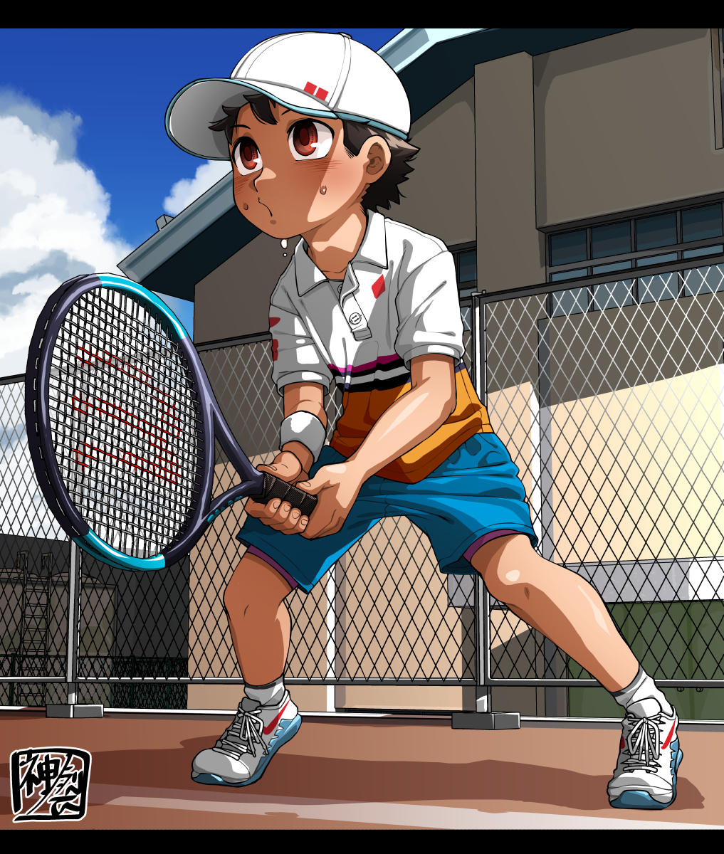 1boy baseball_cap brown_hair fence hat highres kaminosaki1 open_mouth original outdoors racket red_eyes shoes shorts sneakers sportswear sweatdrop tennis tennis_court tennis_racket tennis_uniform