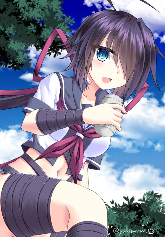 1girl ahoge bangs black_hair blue_eyes blue_sailor_collar blue_skirt blue_sky can clouds cowboy_shot day dutch_angle hair_ornament hair_over_one_eye hairclip kako_(kantai_collection) kantai_collection long_hair looking_at_viewer messy_hair neckerchief open_mouth outdoors parted_bangs pleated_skirt ponytail purple_neckwear remodel_(kantai_collection) sailor_collar school_uniform serafuku skirt sky soda_can solo tamagawa_yukimaru tree
