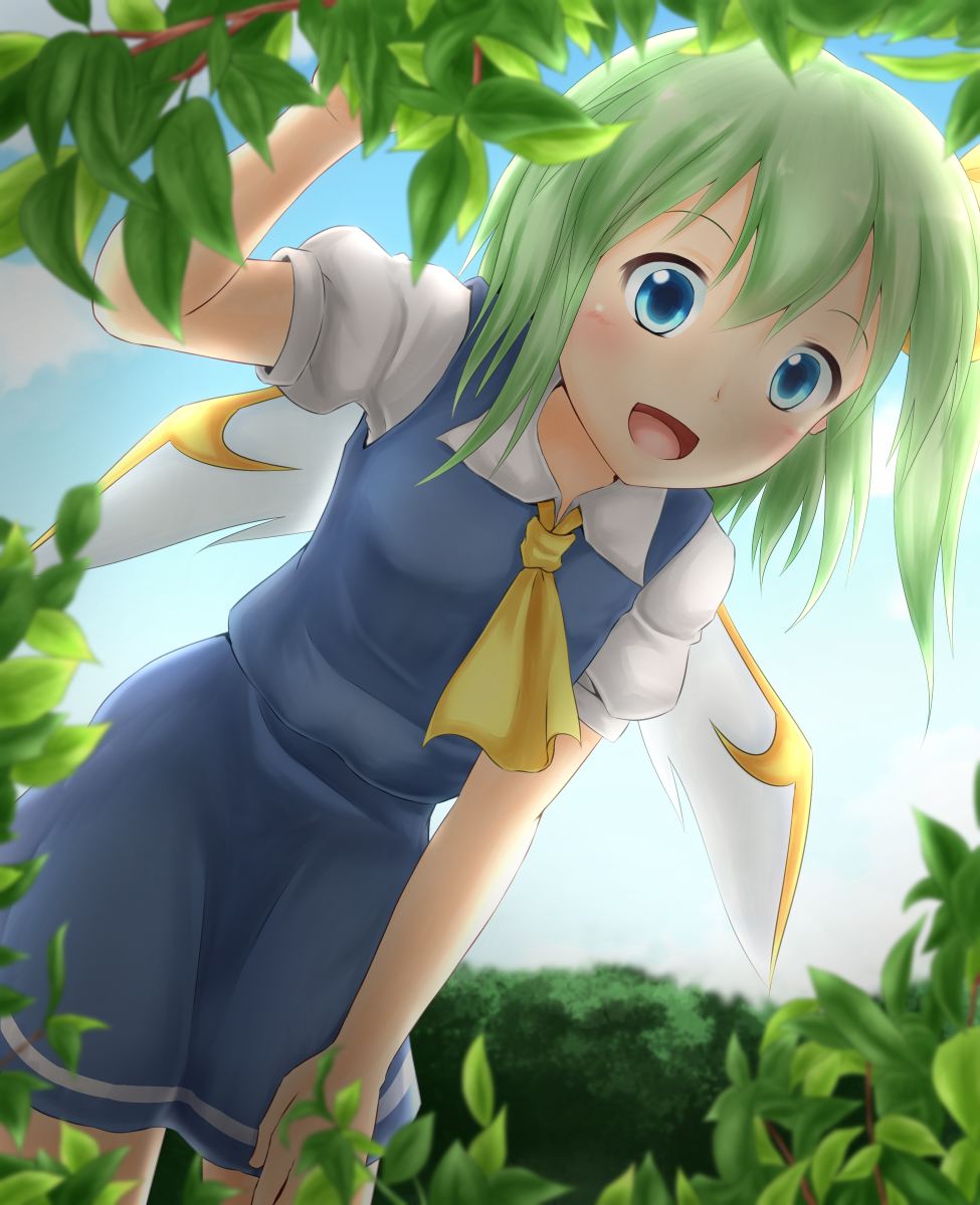 1girl :d arm_up blue_eyes blue_skirt blue_sky blue_vest breasts clouds commentary_request cowboy_shot cravat daiyousei day fairy_wings green_hair hair_ribbon hand_on_own_thigh highres leaf leaning_forward looking_at_viewer nogiguchi open_mouth outdoors puffy_short_sleeves puffy_sleeves ribbon shirt short_hair short_sleeves side_ponytail skirt skirt_set sky small_breasts smile solo touhou tree_branch vest white_shirt wings yellow_neckwear