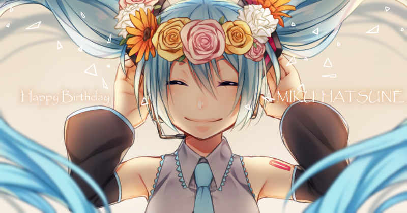 1girl ^_^ aona_(noraneko) armpit_peek arms_up bare_shoulders blue_hair blue_neckwear blurry breasts character_name closed_eyes commentary_request depth_of_field detached_sleeves floating_hair flower grey_background grey_shirt hair_between_eyes hand_in_hair happy happy_birthday hatsune_miku head_wreath long_hair necktie orange_flower orange_rose pink_flower pink_rose rose shirt shoulder_tattoo simple_background sleeveless sleeveless_shirt small_breasts smile solo tattoo triangle twintails upper_body very_long_hair vocaloid white_flower yellow_flower