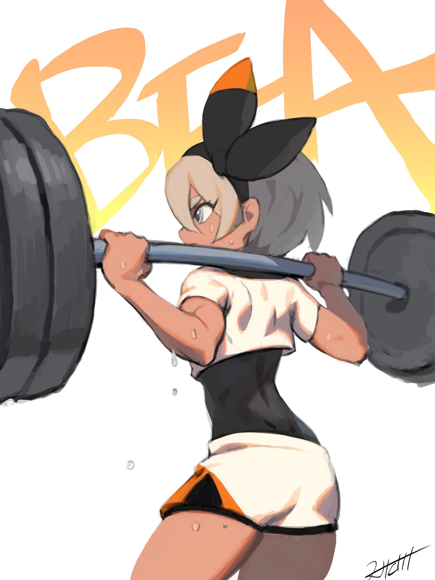 1girl ass barefoot bodysuit dark_skin exercise gloves grey_eyes grey_hair hairband hichi highres muscle pokemon pokemon_(game) pokemon_swsh ribbon saitou_(pokemon) shirt short_hair short_sleeves shorts solo sweat weightlifting white_shirt wristband