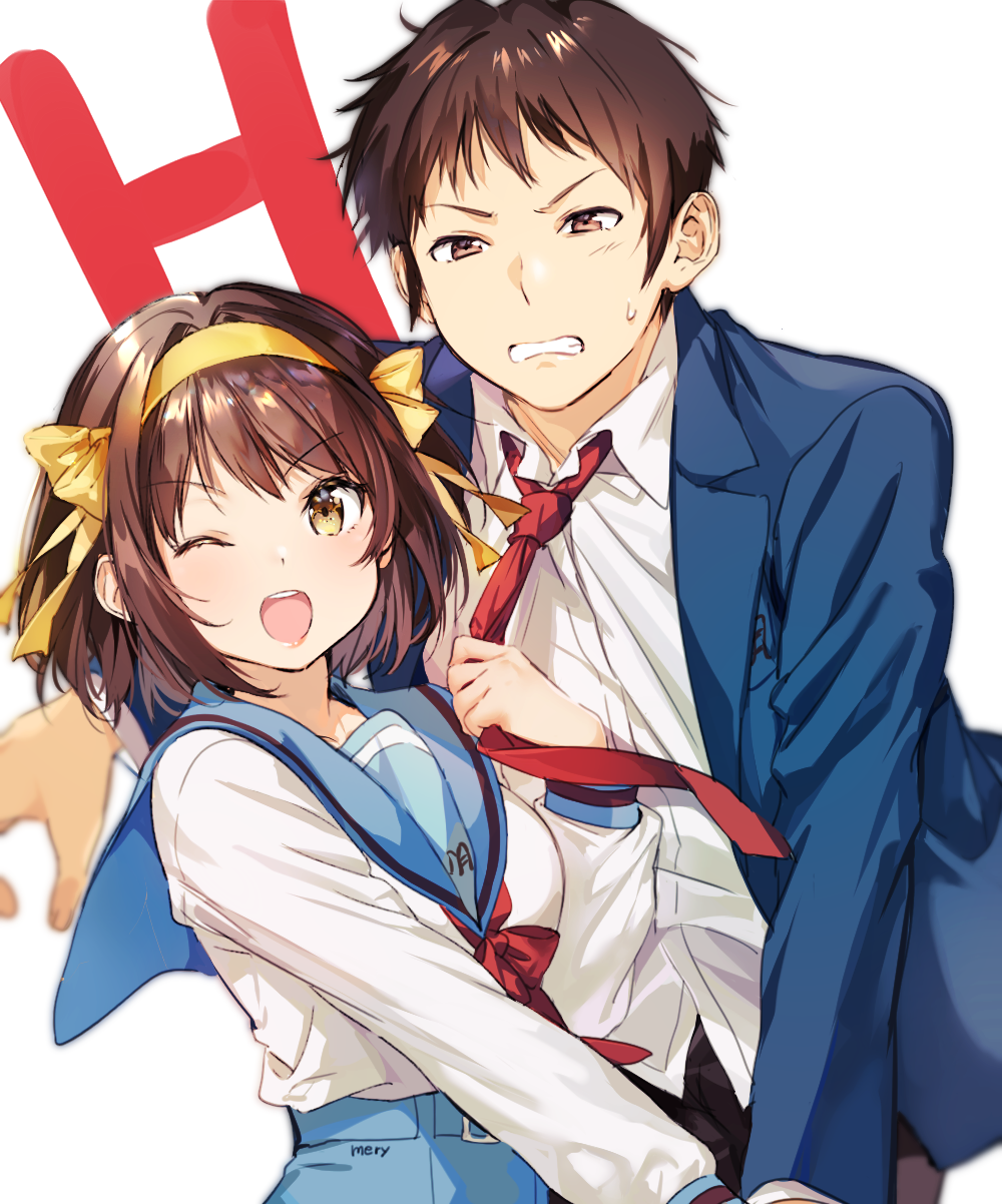 1boy 1girl :d angry bangs blue_jacket blue_sailor_collar blue_skirt blurry blurry_background blush brown_eyes brown_hair brown_pants clenched_teeth collared_shirt commentary_request couple depth_of_field eyebrows_visible_through_hair hair_ribbon hairband highres holding jacket kadokawa_shoten kita_high_school_uniform kyon kyoto_animation long_sleeves looking_at_viewer love mery_(apfl0515) neckerchief necktie necktie_grab neckwear_grab one_eye_closed open_clothes open_jacket open_mouth orange_hairband pants parted_lips red_neckwear ribbon round_teeth sailor_collar school_uniform serafuku shiny shiny_hair shirt short_hair signature simple_background skirt smile standing suzumiya_haruhi suzumiya_haruhi_no_yuuutsu sweatdrop teeth tokyo_mx upper_body white_background white_shirt wing_collar yellow_hairband yellow_ribbon