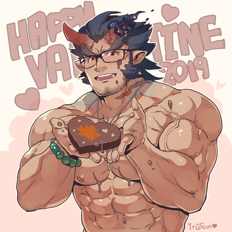 1boy abs bara black_hair blush chest chocolate chocolate_heart chocolate_on_body commentary_request facial_hair fang fate/grand_order fate_(series) glasses heart horns jewelry looking_at_viewer male_focus muscle necklace nipples pectorals red_eyes rybiokaoru scar simple_background smile solo takemaru_(tokyo_houkago_summoners) teeth tokyo_houkago_summoners valentine