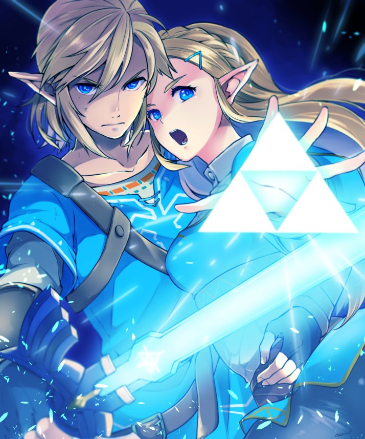 1boy 1girl ataka_takeru black_gloves blonde_hair blue_eyes blue_shirt braid closed_mouth collarbone crown_braid fingerless_gloves floating_hair gloves holding holding_sword holding_weapon link long_hair looking_at_viewer open_mouth outstretched_hand pointy_ears princess_zelda shirt sword the_legend_of_zelda triforce weapon