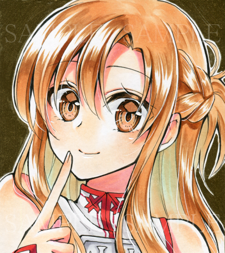 1girl a-1_pictures alto2019 ascii_media_works asuna_(sao) braid brown_background brown_eyes closed_mouth cute dengeki_bunko eyebrows_visible_through_hair hair_between_eyes index_finger_raised light_brown_hair long_hair looking_at_viewer lowres marker_(medium) moe portrait sample shiny shiny_hair smile solo sword_art_online tokyo_mx traditional_media yuuki_asuna