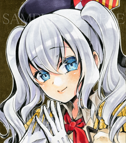 1girl alto2019 blue_eyes brown_background closed_mouth collared_shirt eyebrows_visible_through_hair gloves hair_between_eyes kantai_collection kashima_(kantai_collection) long_hair looking_at_viewer lowres marker_(medium) neckerchief portrait red_neckwear sample shiny shiny_hair shirt silver_hair smile solo traditional_media twintails white_gloves wing_collar