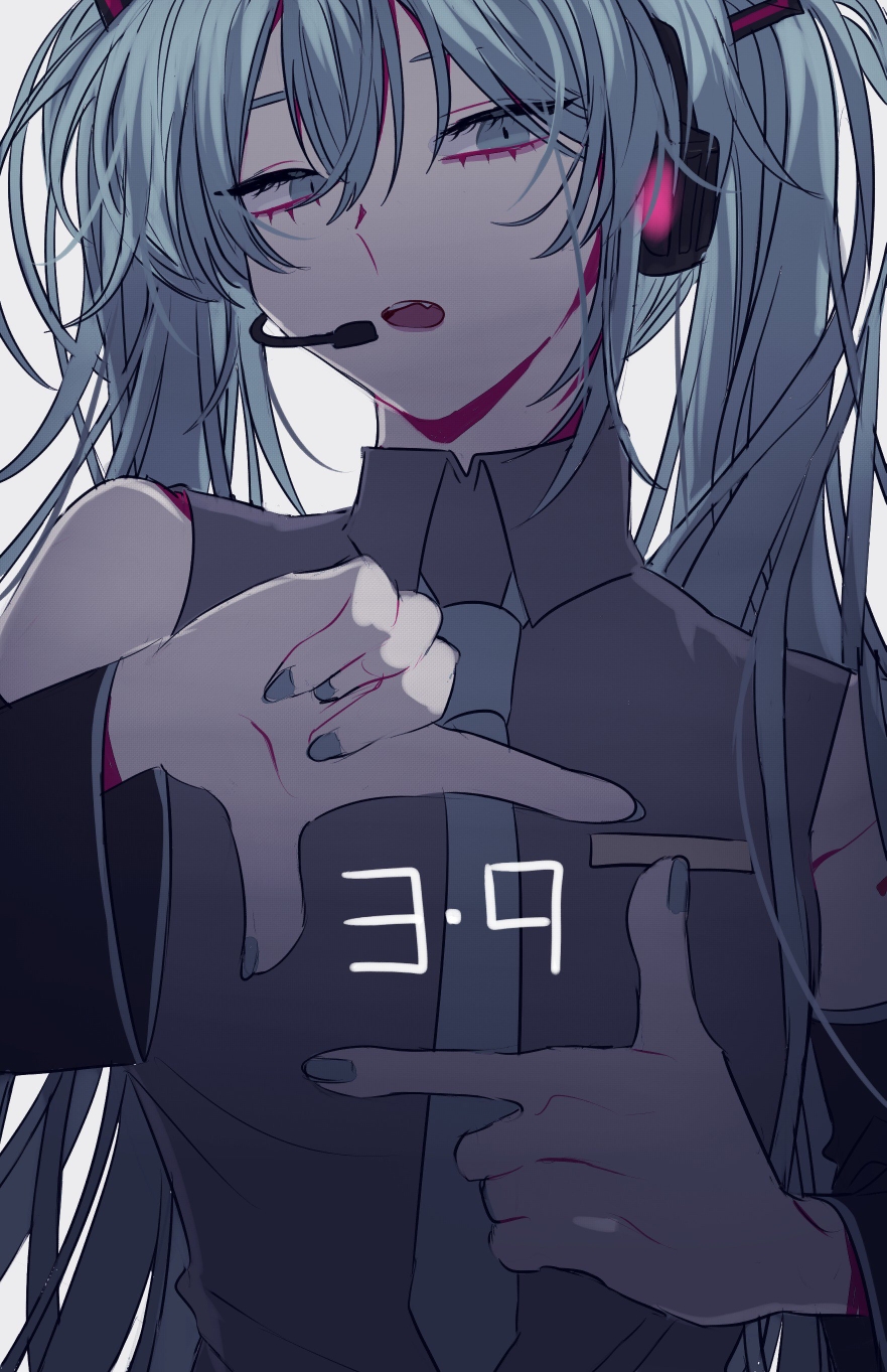1girl 39 backlighting bakku_(fspz4427) bare_shoulders blue_eyes blue_hair blue_nails blue_neckwear commentary detached_sleeves expressionless eyelashes eyes_visible_through_hair fingernails flat_chest gradient gradient_background grey_background grey_shirt hair_between_eyes half-closed_eyes hatsune_miku headset highres long_hair looking_away necktie parted_lips shirt simple_background sleeveless sleeveless_shirt solo square teeth twintails upper_body upper_teeth very_long_hair vocaloid white_background