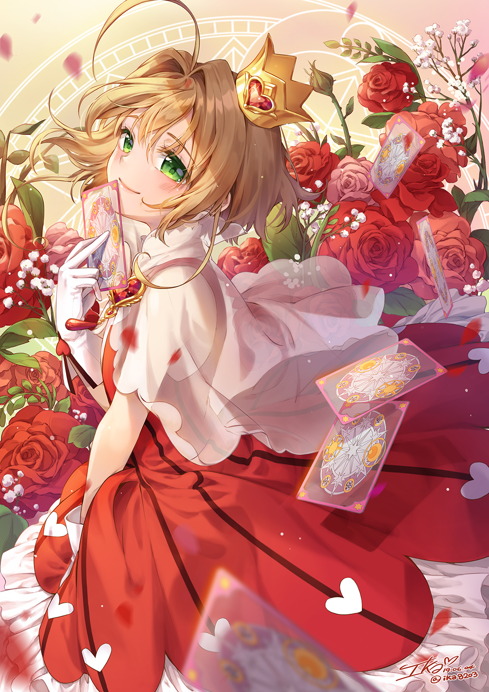 1girl ahoge blush brown_hair card cardcaptor_sakura commentary_request crown dress flower from_side gloves green_eyes heart highres ika_(4801055) kinomoto_sakura looking_at_viewer magical_girl playing_card red_dress red_flower red_rose rose short_hair smile solo tears white_gloves