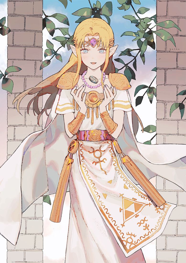 1girl bead_necklace beads blonde_hair blue_eyes blue_sky bracelet braid clouds commission dress gold_trim jewelry jiayue_wu long_hair looking_at_viewer necklace open_mouth plant pointy_ears princess_zelda sky smile solo standing the_legend_of_zelda tiara vines white_dress