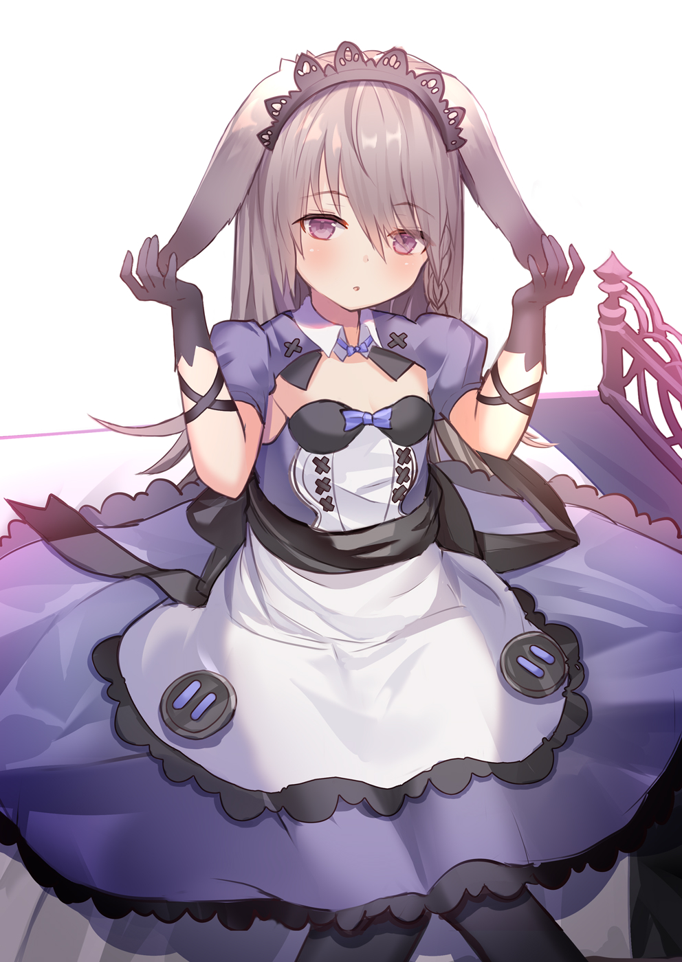 1girl :o animal_ears apron black_gloves black_legwear blue_bow blush bow braid breasts brown_hair commentary_request dress gloves hands_up highres long_hair looking_at_viewer original pantyhose parted_lips puffy_short_sleeves puffy_sleeves purple_dress rabbit_ears rk_(rktorinegi) short_sleeves side_braid single_braid sitting small_breasts solo very_long_hair violet_eyes waist_apron white_apron white_background