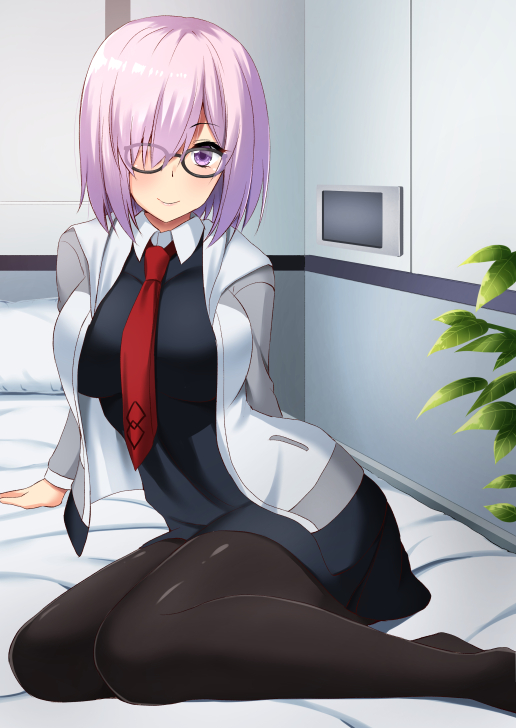 1girl bangs bed black_dress black_legwear blush breasts commentary_request dress eyebrows_visible_through_hair fate/grand_order fate_(series) glasses grey_jakcet hair_over_one_eye jacket large_breasts lavender_hair looking_at_viewer mash_kyrielight necktie nishimura_pn on_bed pantyhose pink_hair purple_hair red_neckwear short_hair sitting smile solo violet_eyes white_jacket