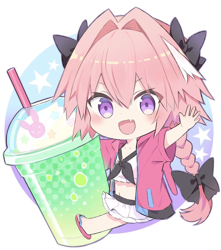 1boy :d arm_up astolfo_(fate) bangs bikini bikini_skirt black_bow bow braid chibi commentary_request cup drinking_straw eyebrows_visible_through_hair fang fate/apocrypha fate_(series) flip-flops food hair_between_eyes hair_bow hair_intakes ice_cream kusumoto_touka long_hair looking_at_viewer male_focus multicolored_hair open_clothes open_mouth open_shirt otoko_no_ko outstretched_arm outstretched_hand pink_hair pink_shirt sandals shiny shiny_hair shirt short_sleeves single_braid skin_fang smile solo star starry_background streaked_hair swimsuit v-shaped_eyebrows violet_eyes white_background white_bikini white_hair